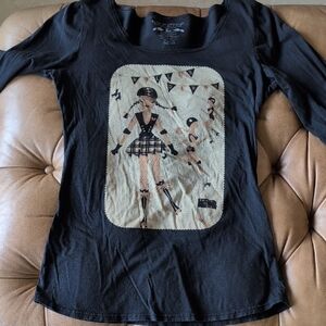 Y2K Cotton Black Long Sleeve Tee with Graphic Roller Derby Design